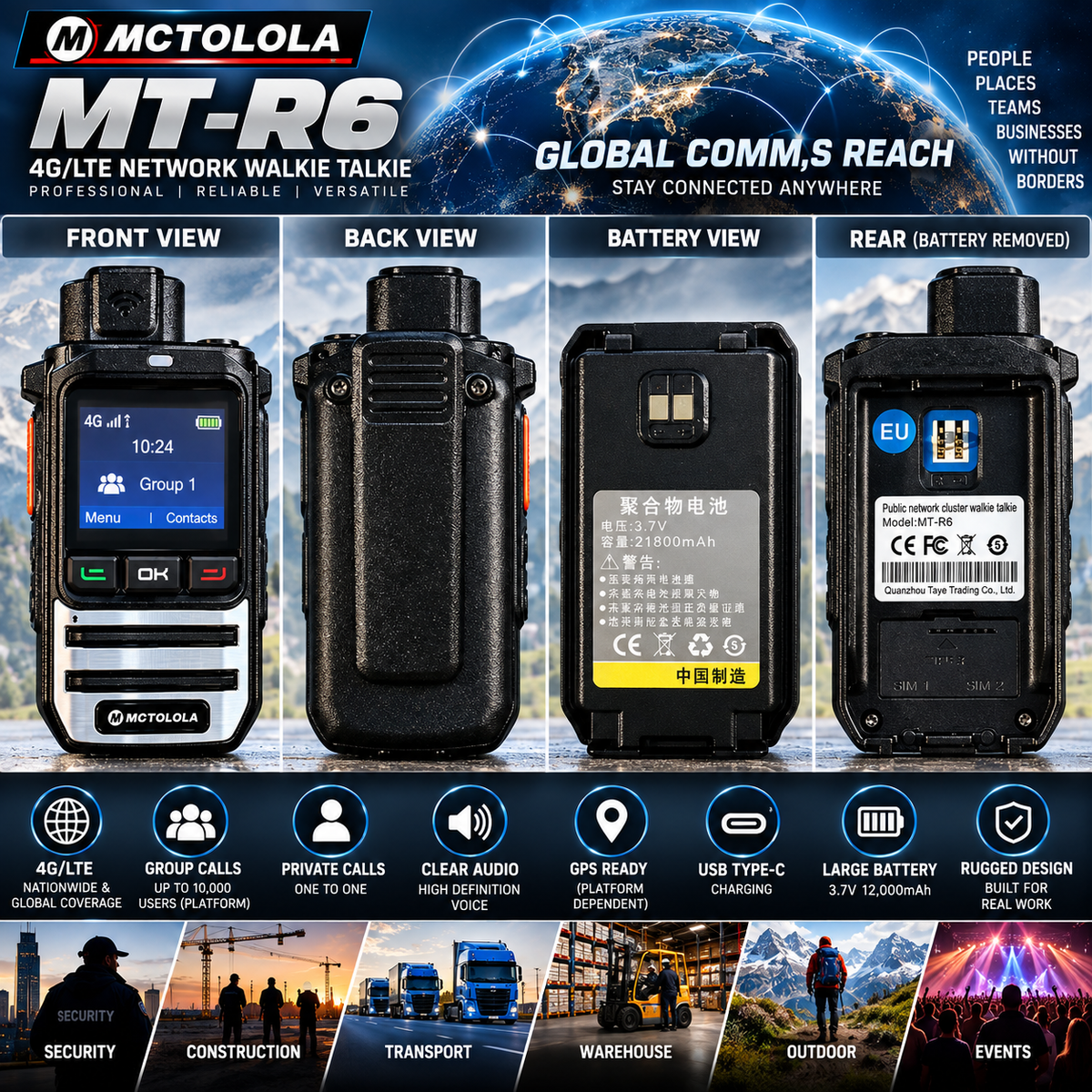 Pair of MT-R6 4G LTE PoC Network Walkie Talkies Global Long Range Radios EU/US