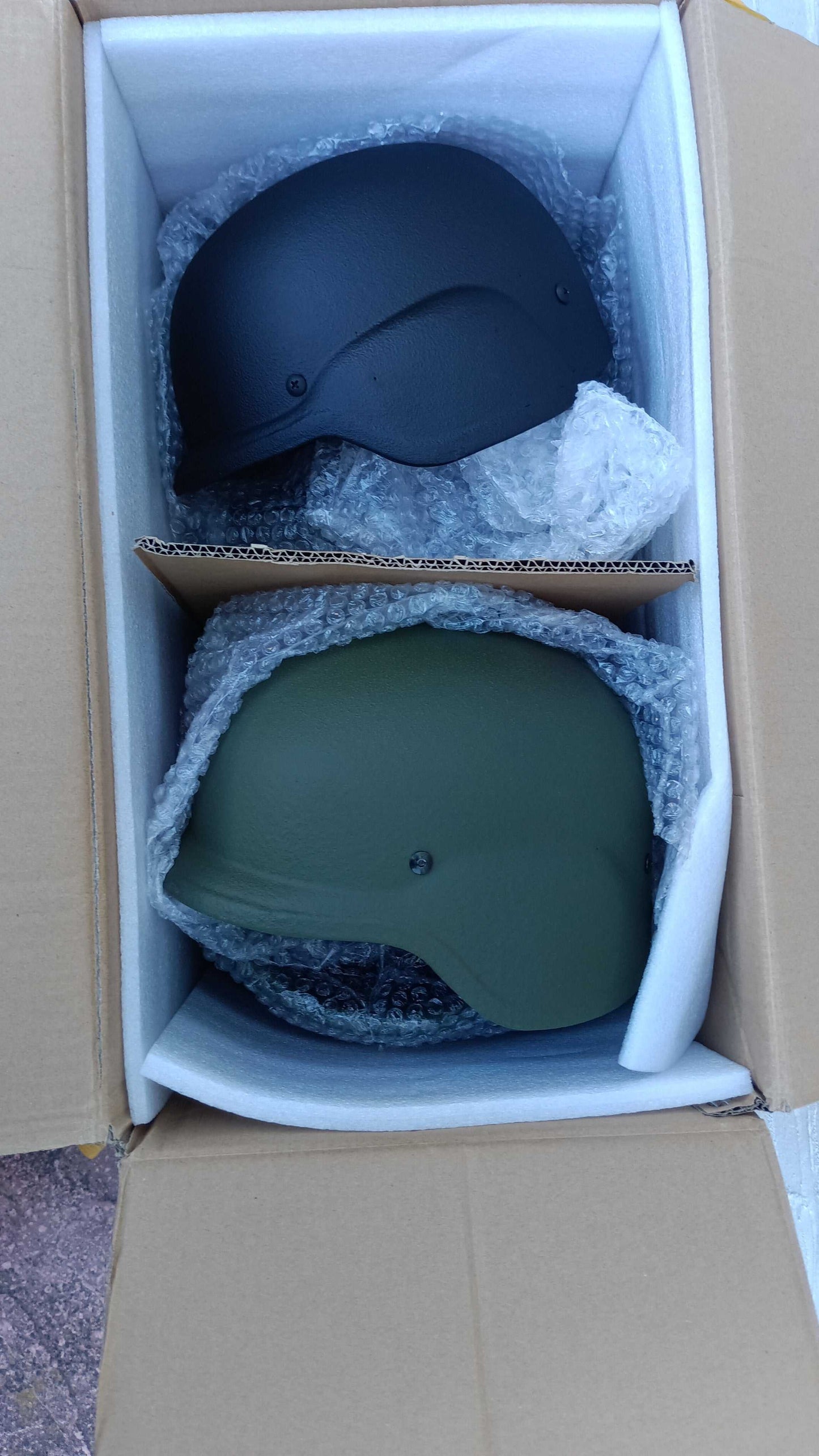 PASGT Marine bulletproof helmets in black and green, NIJ IIIA rated, in packaging.