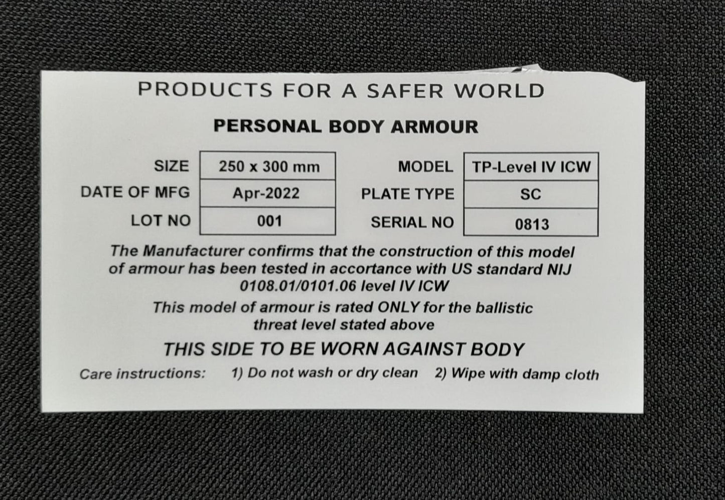 Hard ARMOUR Plates NIJ L IV ICW SAPI Cut 12x10in PBL Tested VPAM 8 - SECUTOR ARMOUR LTD