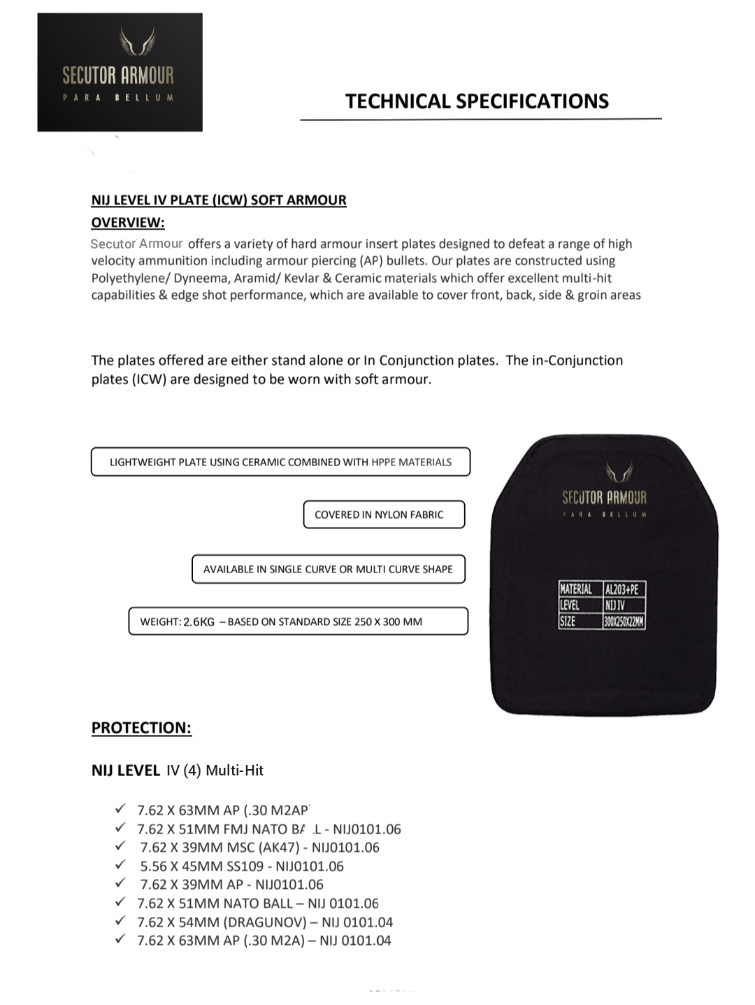 Composite Armour strike plates Ballistic Protection NIJ IV, III & IIIA, VPAM 1-9 - SECUTOR ARMOUR LTD