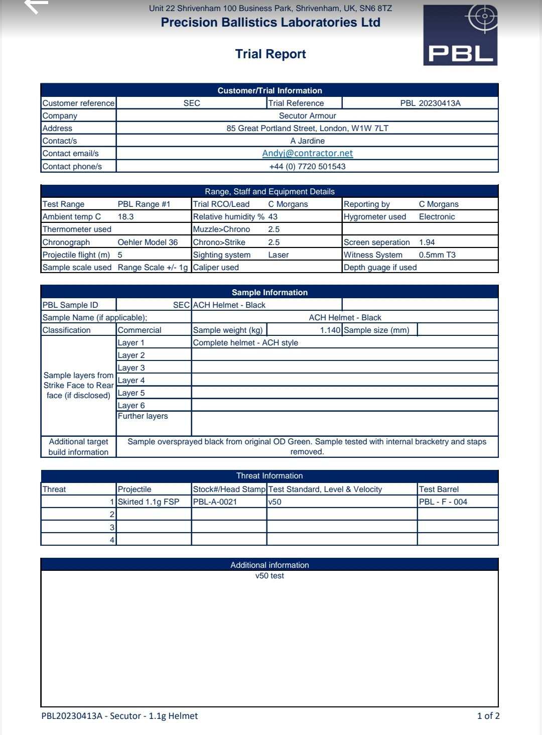 Bulletproof helmet trial report with technical specifications and test results by Precision Ballistics Laboratories.