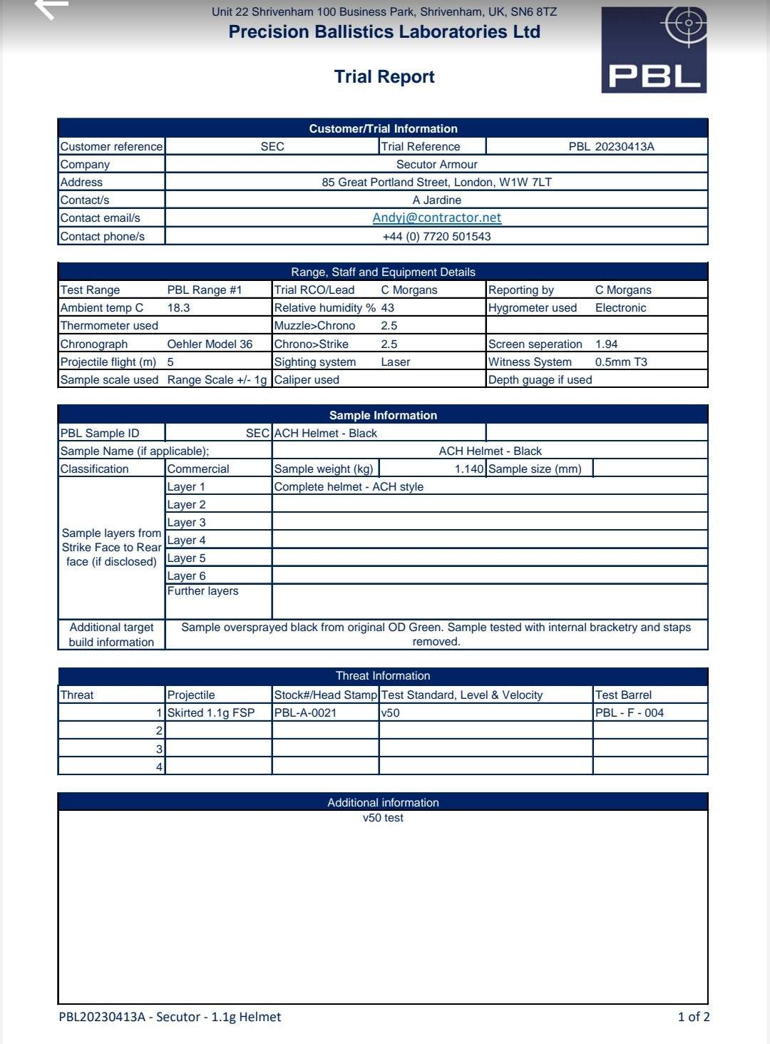 Trial report for ECH-SA NIJ IIIA combat helmet by Precision Ballistics Laboratories, showcasing testing and specifications for ballistic protection.