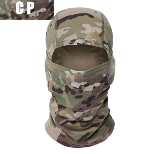 Tactical camouflage balaclava, breathable lightweight micro fleece face cover.