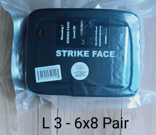 2pcs NIJ Level III standalone bulletproof side panels, size 6x8 inches, strike face view in packaging.