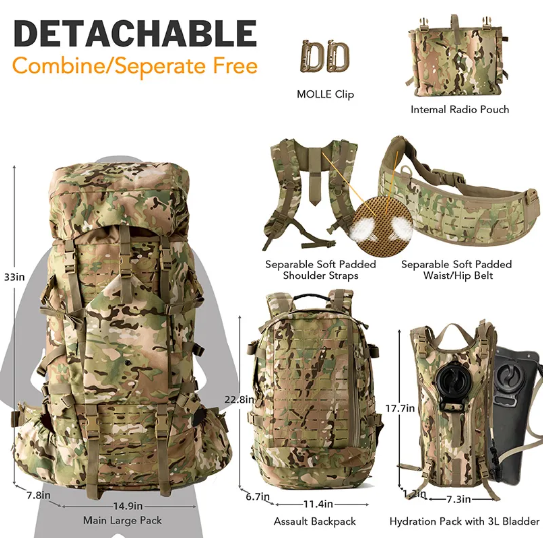 ILBE Bergen 120L MilSpec 810, Detachable 30L Assault pack & 3L Hydration pack