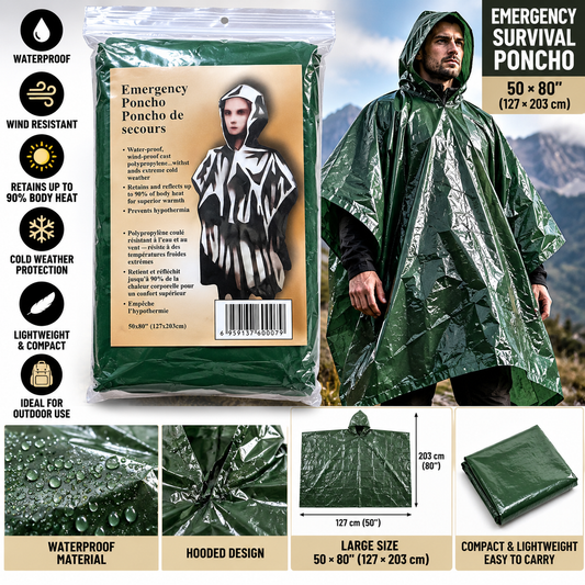 Emergency Thermal Survival Poncho – Waterproof Windproof Outdoor Hiking Camping – 50 × 80"