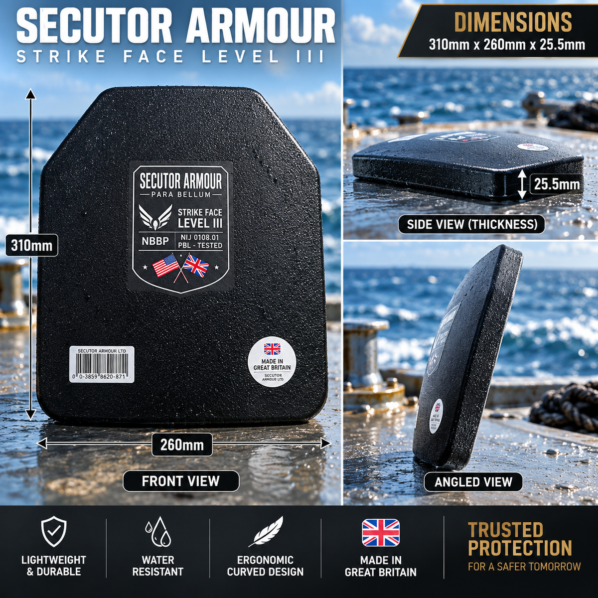NBBP Marine Buoyant NIJ Level 3 SA Ballistic Protection Plates 1.4kg 12x10in