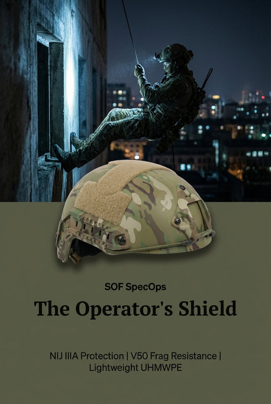 SOF SpecOps FAST Combat Helmet NIJ IIIA, V50, UHMWPE, TW liner, OBL & PBL Tested