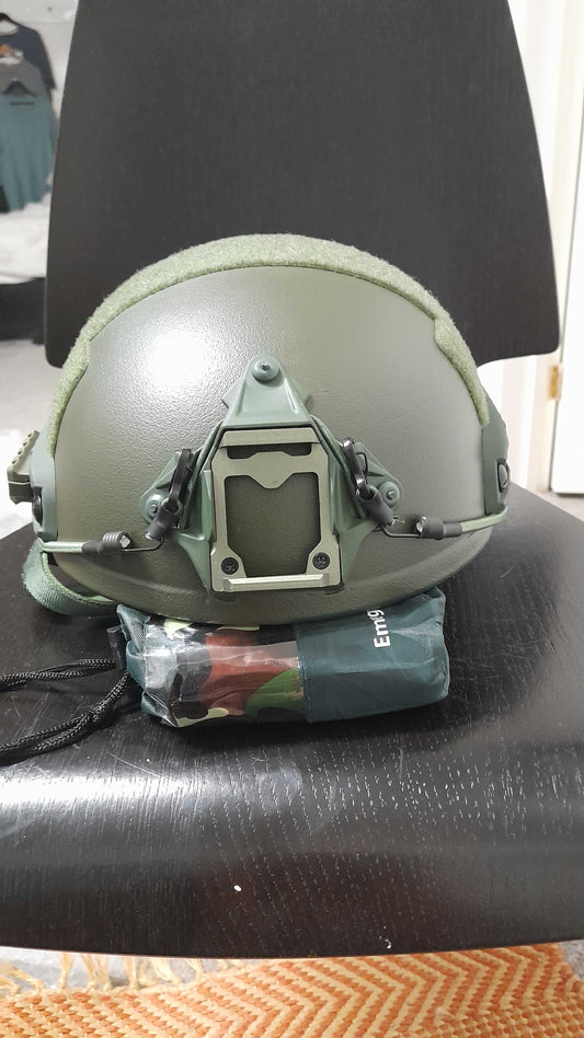 ECH-SA NIJ IIIA bulletproof helmet with IR absorbing coating and Epic Liner displayed on a chair.