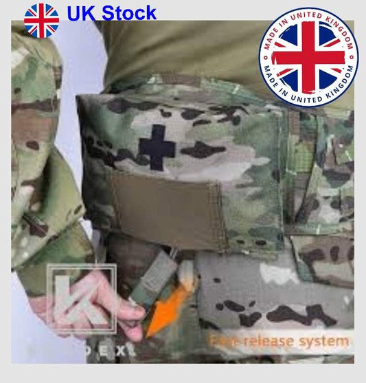 IFAK Tactical Medical Kit with quick release system and camouflage design, made in the UK.