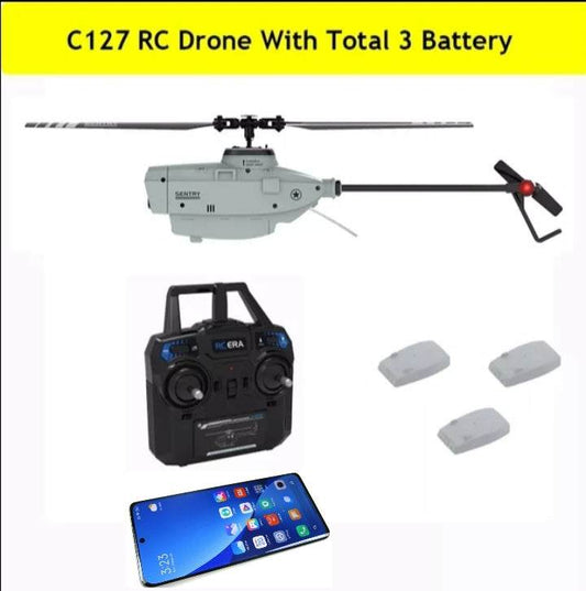 RC drone with controller, three batteries, and smartphone app compatibility, featuring 720p wide-angle camera and 6-axis giro.