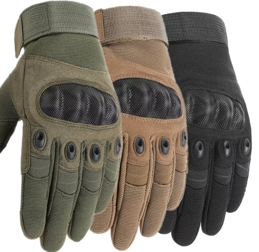 Touch screen army military tactical gloves with hard knuckle protection, full finger and fingerless options in various colors.