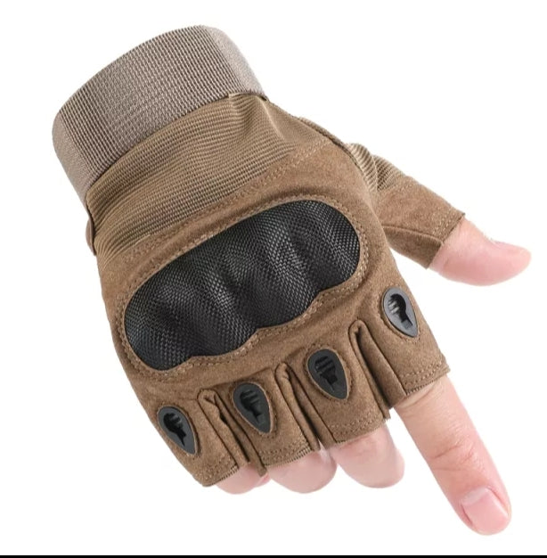 Touch screen military tactical gloves with hard knuckle, fingerless design in brown.