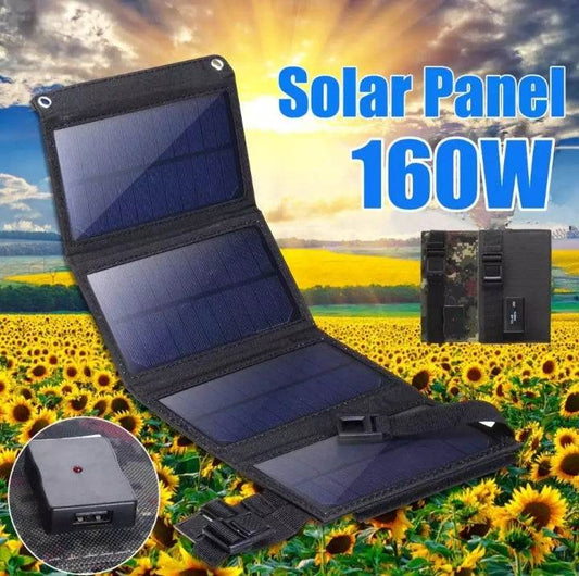 160W 4-panel portable solar charger, USB, waterproof, rugged design in sunflower field.