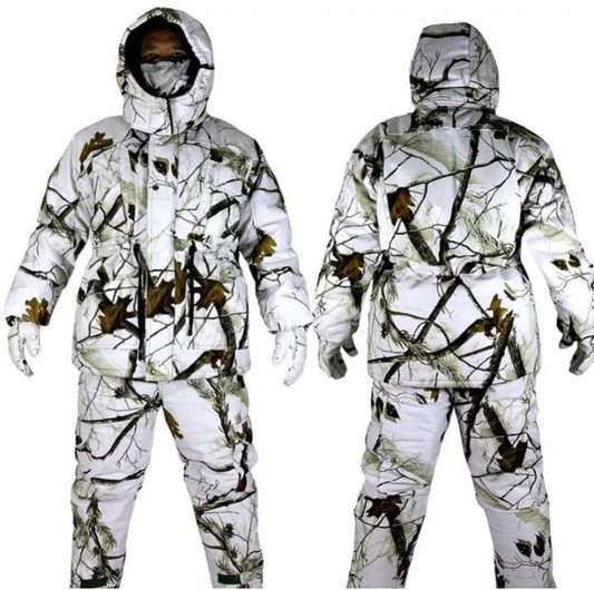 Winter military uniform, white camo, water resistant, fire retardant, front and back view.