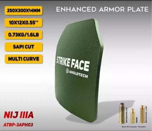 Super lightweight 760gms enhanced hard armor plate with multi-curve design, NIJ Level IIIA ballistic protection.