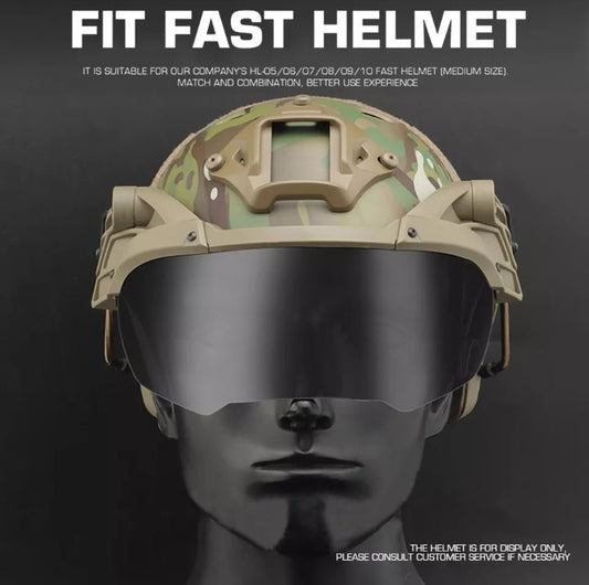 Tactical helmet with flip-up goggles, windproof and anti-fog, fast helmet fit, camouflage design.