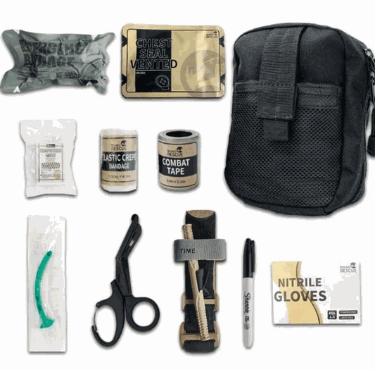 Special Forces Tactical Medical Kit MINI with Molle pouch, bandage, chest seal, combat tape, scissors, tourniquet, and more.