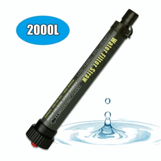 Camping water filter straw with ultrafiltration film for outdoor survival.