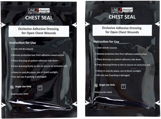 Pack of 5 vented or occlusive chest seals for open chest injuries, featuring advanced adhesive and easy application.