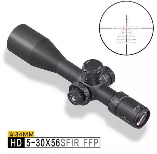Discovery HD 5-30X56SFIR FFP Rifle Scope with 34mm Tube and Illuminated Reticle for Long-Range Shooting.