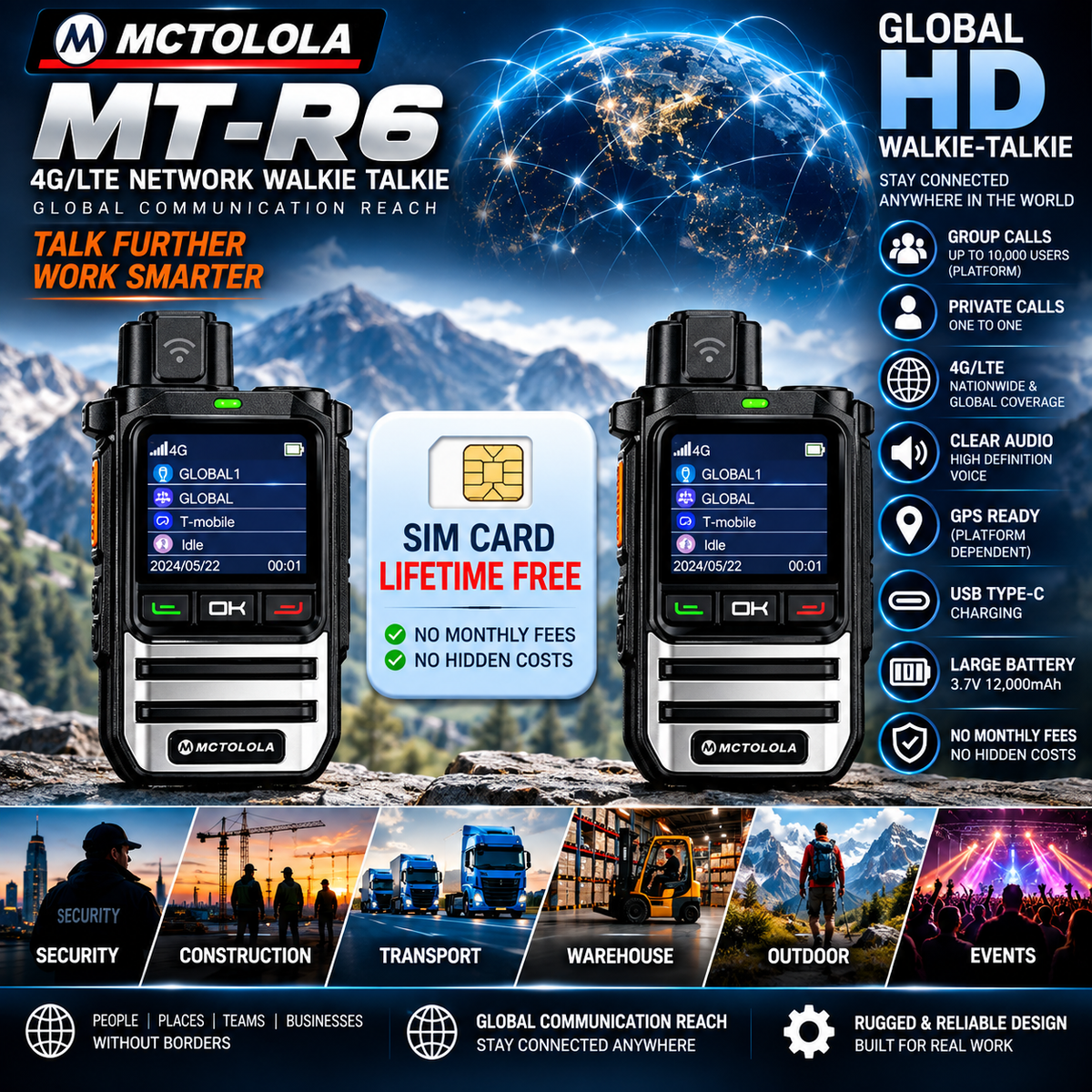 Pair of MT-R6 4G LTE PoC Network Walkie Talkies Global Long Range Radios EU/US
