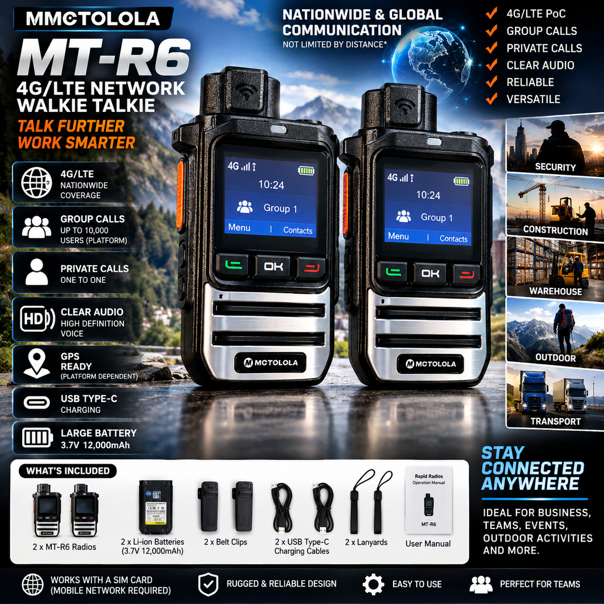 Pair of MT-R6 4G LTE PoC Network Walkie Talkies Global Long Range Radios EU/US