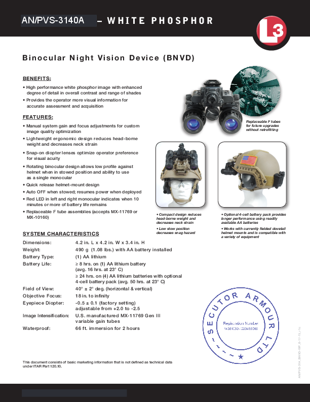 PVS3140 Gen 3 Gen 2+  White/Green Phosphorus Tubes Night vision goggles LDNV008N FOV 50 degree housing with battery packs and diopter adjustment - SECUTOR ARMOUR LTD 