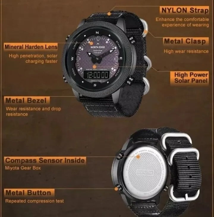 North Edge Evoque Solar-Drive Power Compass Watch 50m waterproof.