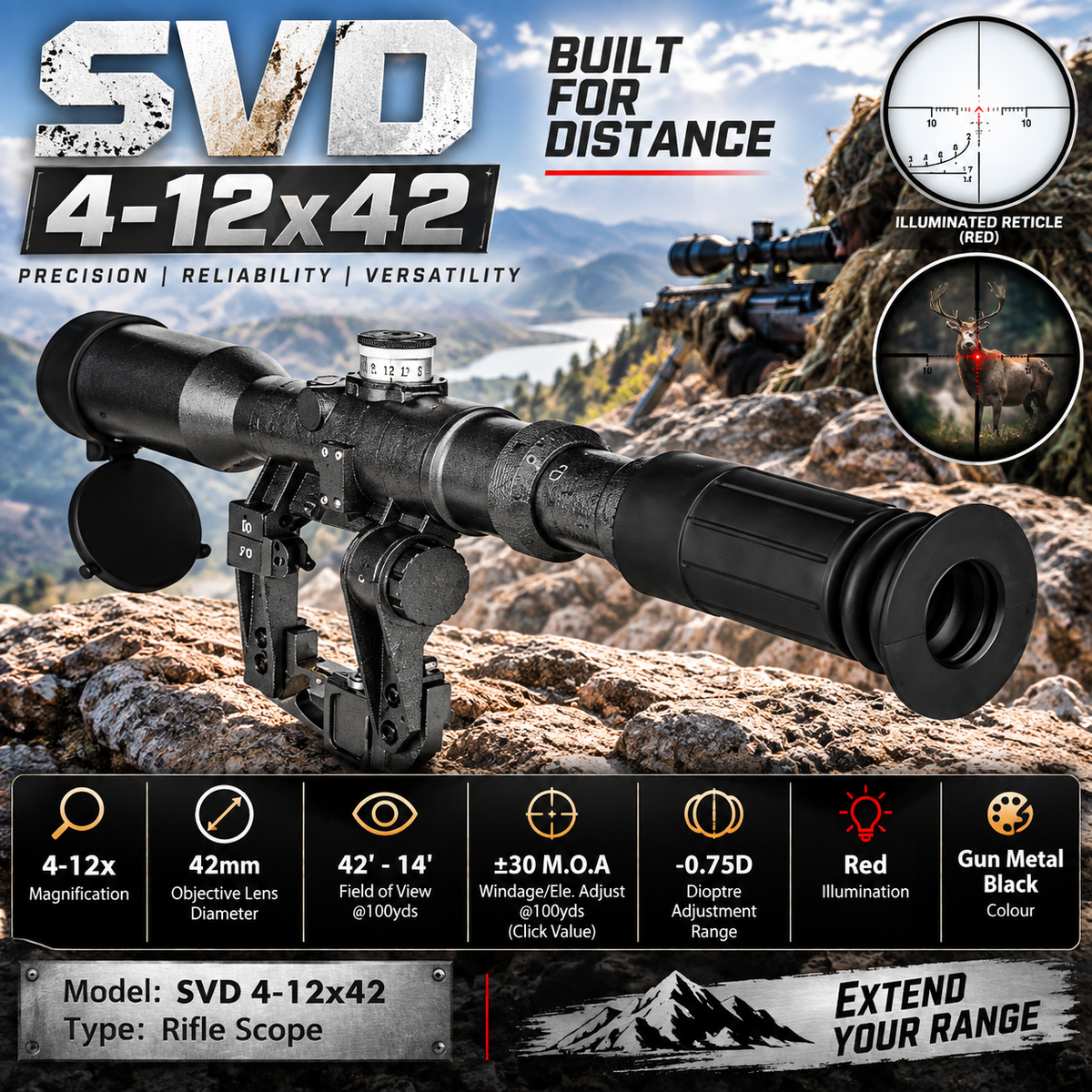 SVD 4-12x42 FFP Tactical Red Illuminated Glass Reticle AK Rifle scope & side mount
