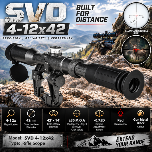 SVD 4-12x42 FFP Tactical Red Illuminated Glass Reticle AK Rifle scope & side mount