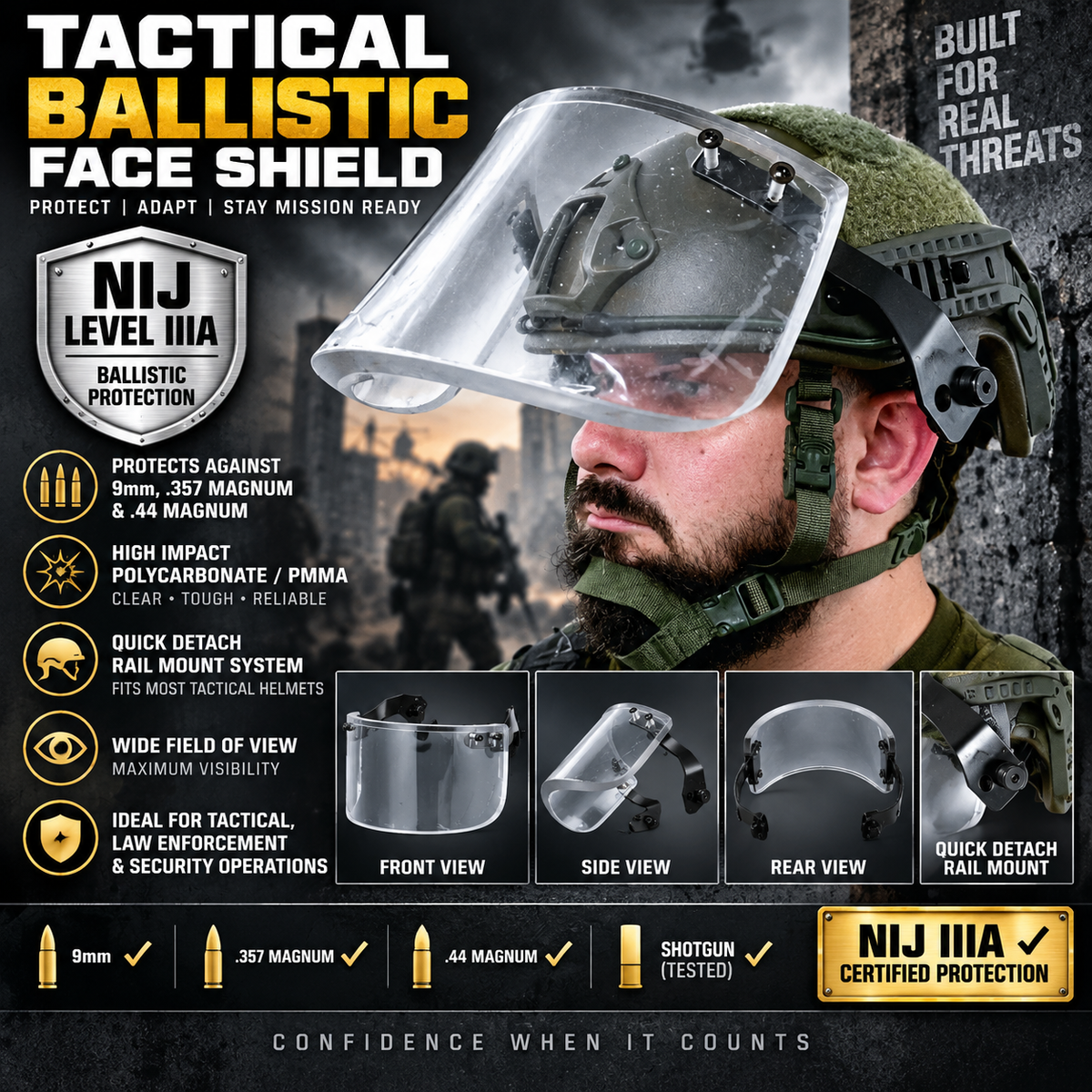 Face Shield NIJ 3A Tactical Bulletproof Helmet Visor PMMA & PC Composite.