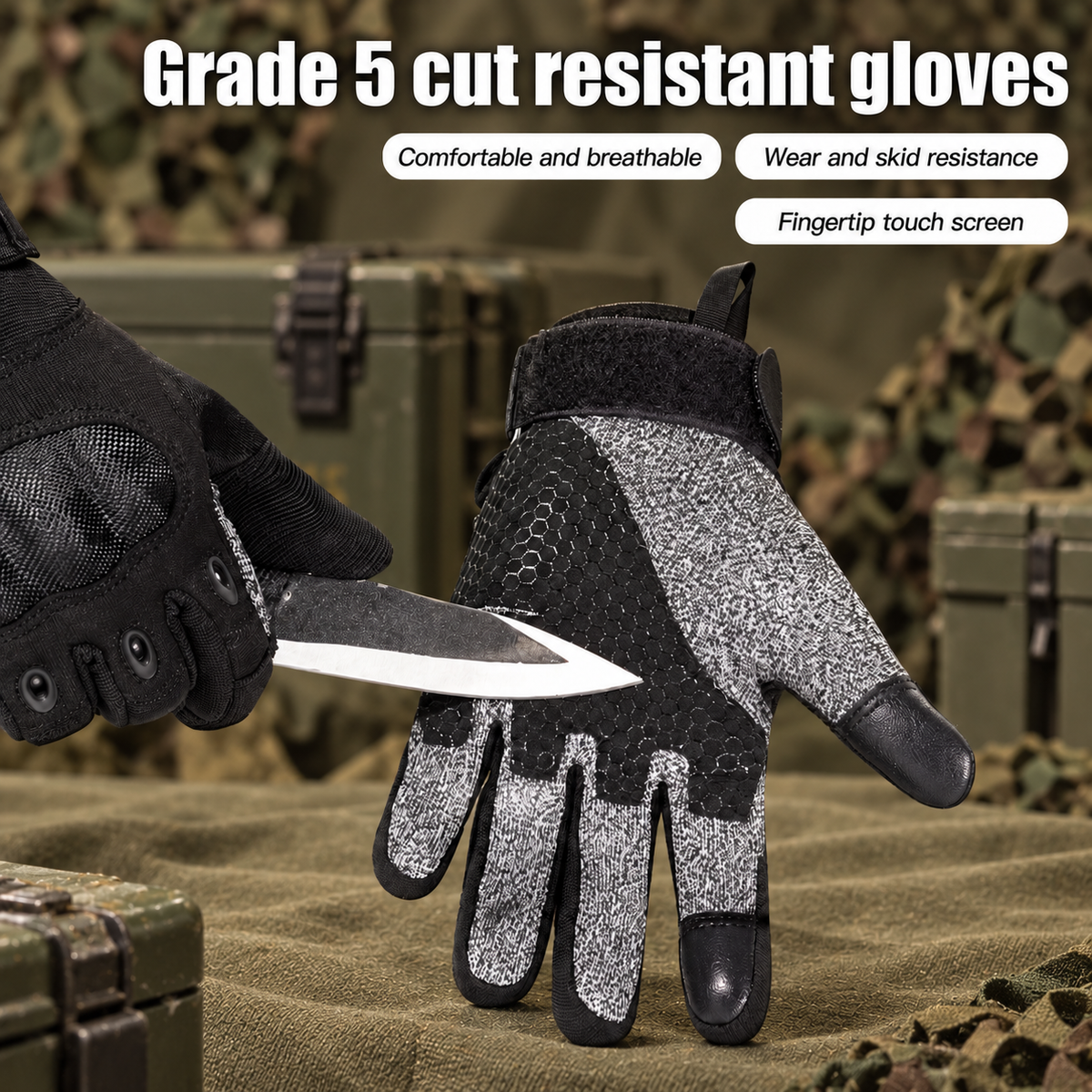 SF- Tactical HPPE Level 5 Cut Resistant Gloves - Hard Knuckle - touch screen.
