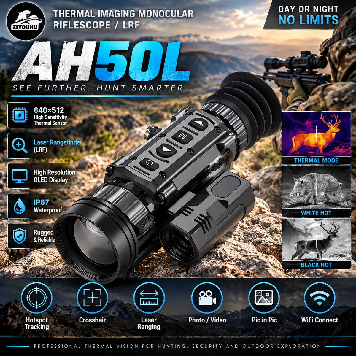AH-50L Thermal Imaging Rifle Scope IP67, Laser Ranging Psudocolour.