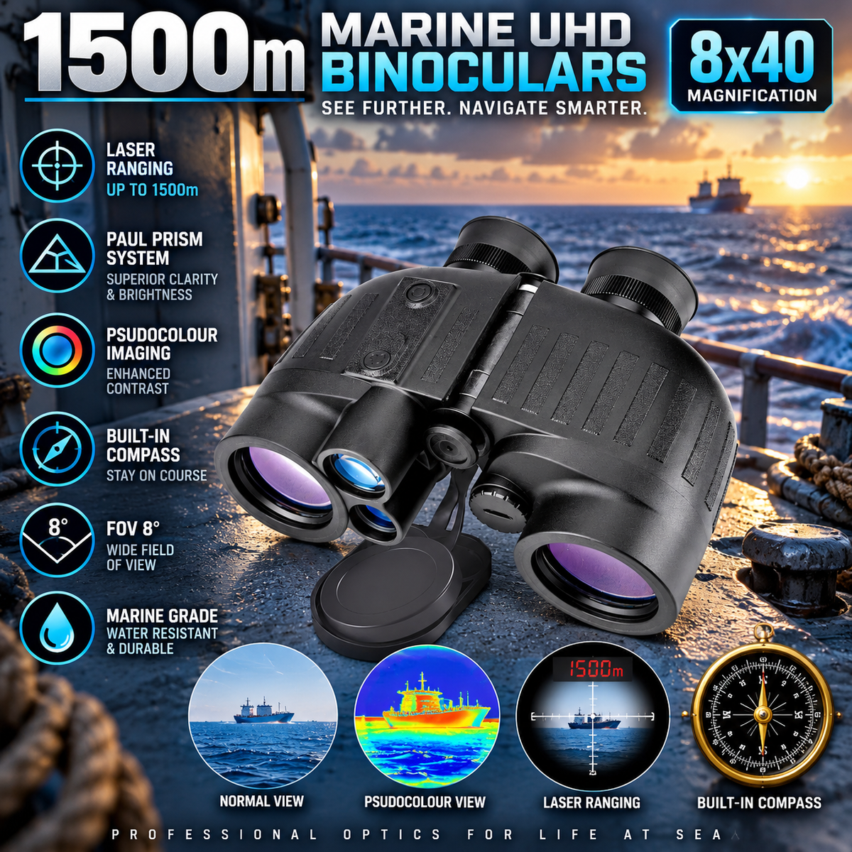 1500m Marine UHD Binoculars 8x40 Laser Ranging Paul Prism System Psudocolour & compass FOV 8°