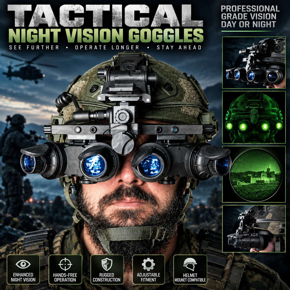 QTNVG WP & GP Gen 3/Gen 2+ Quad Tactical Helmet Mounted Night Vision Goggles for FAST, ARC, MICH