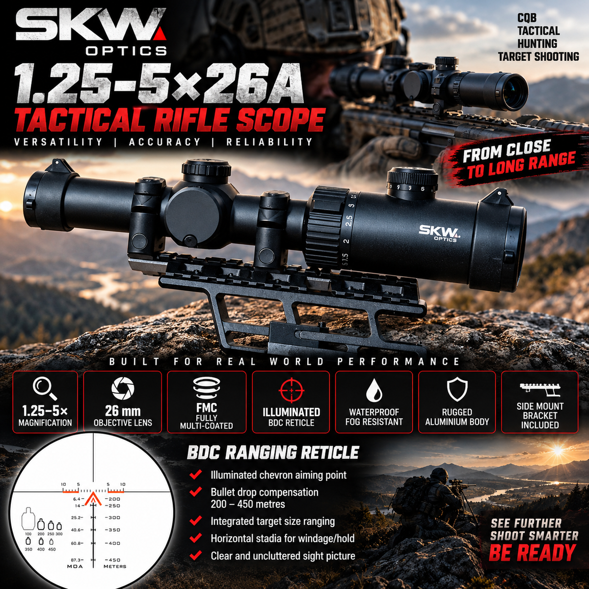 AK AKM Kalashnikov Tactical compact rifle scope BDC reticle 1.25-5x26A with side mount.