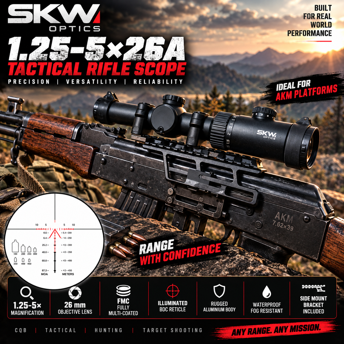 AK AKM Kalashnikov Tactical compact rifle scope BDC reticle 1.25-5x26A with side mount.