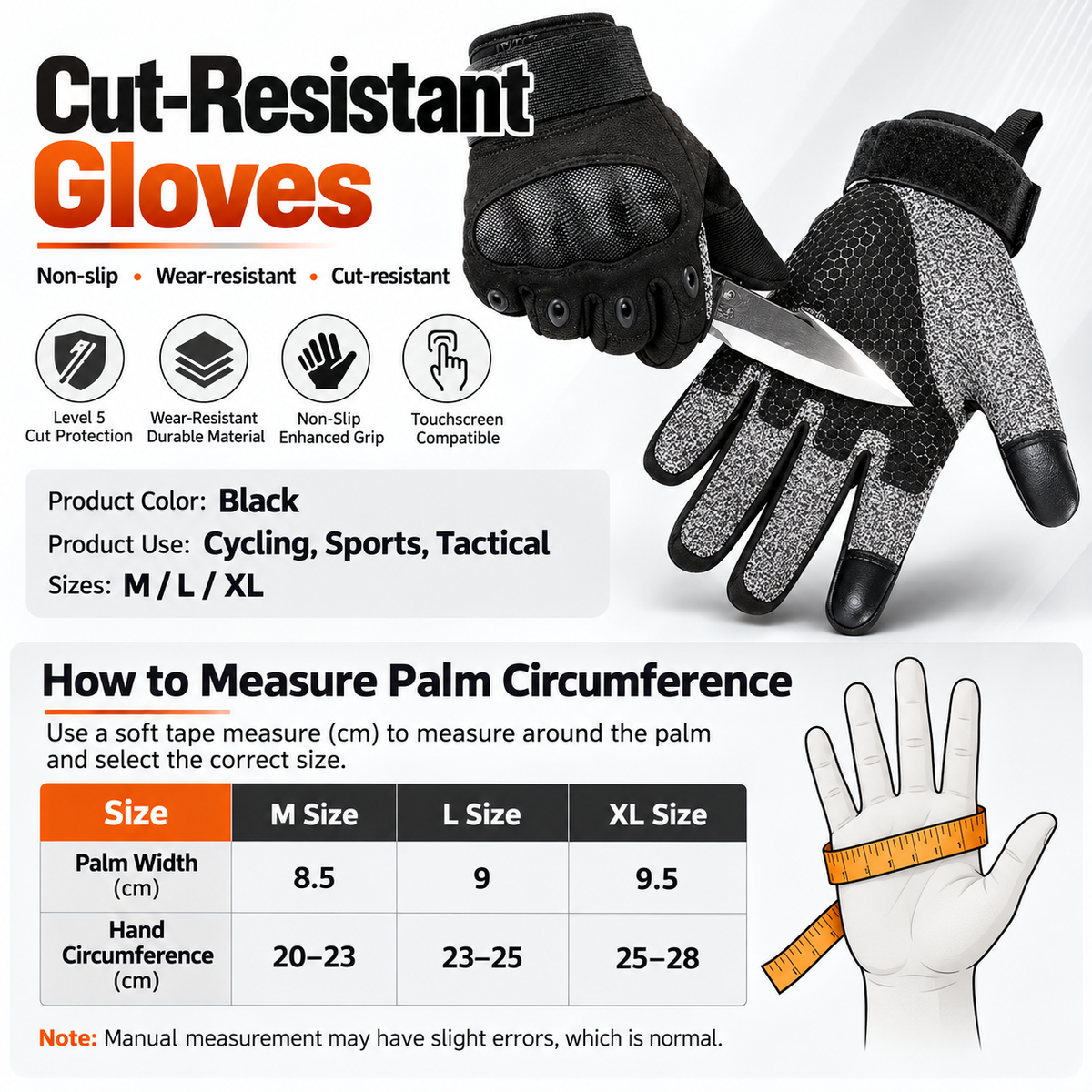 Level 5 Cut & Fire Proof Tactical Hard Carbon Knuckle Gloves, Touchscreen