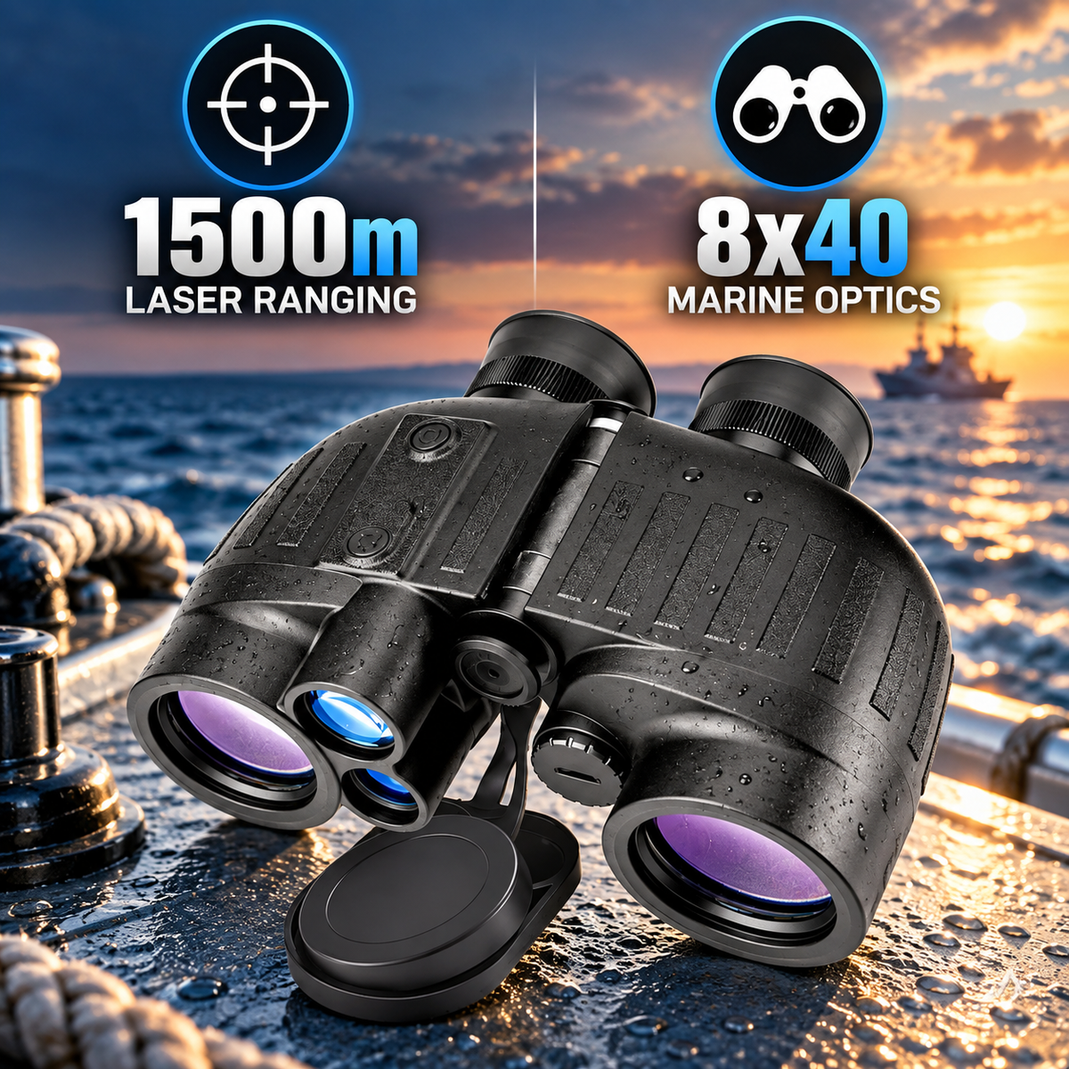 1500m Marine UHD Binoculars 8x40 Laser Ranging Paul Prism System Psudocolour & compass FOV 8°