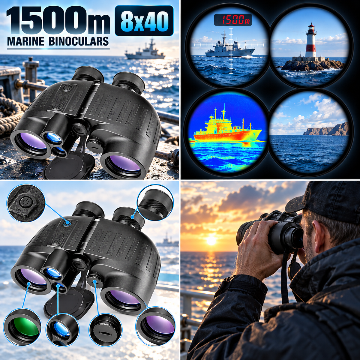 1500m Marine UHD Binoculars 8x40 Laser Ranging Paul Prism System Psudocolour & compass FOV 8°