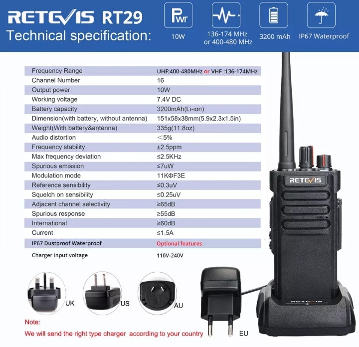 IP67 Waterproof Walkie Talkie RETEVIS RT29 10W Radio Receiver Long Range Two-Way Radio Station for Military, Security, Police 10KM - IWMD-Store SECUTOR ARMOUR