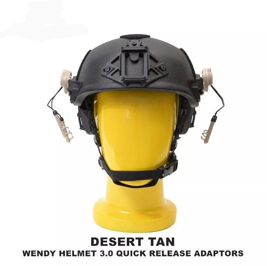 Desert Tan helmet with SA Quick Release Headset Adapters for 3.0 Rail System.