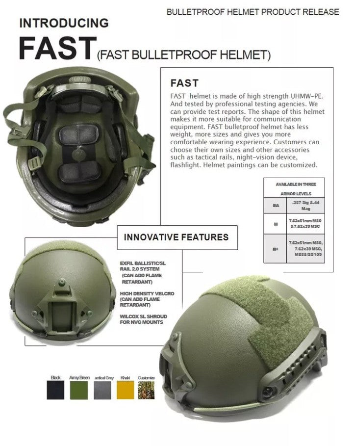 ISO certified Future Assault Shell Technology (FAST) Helmet bulletproof uhmw-pe NIJ level IIIA fast high cut five years warranty 1.4kg 2 liner options - IWMD-Store SECUTOR ARMOUR