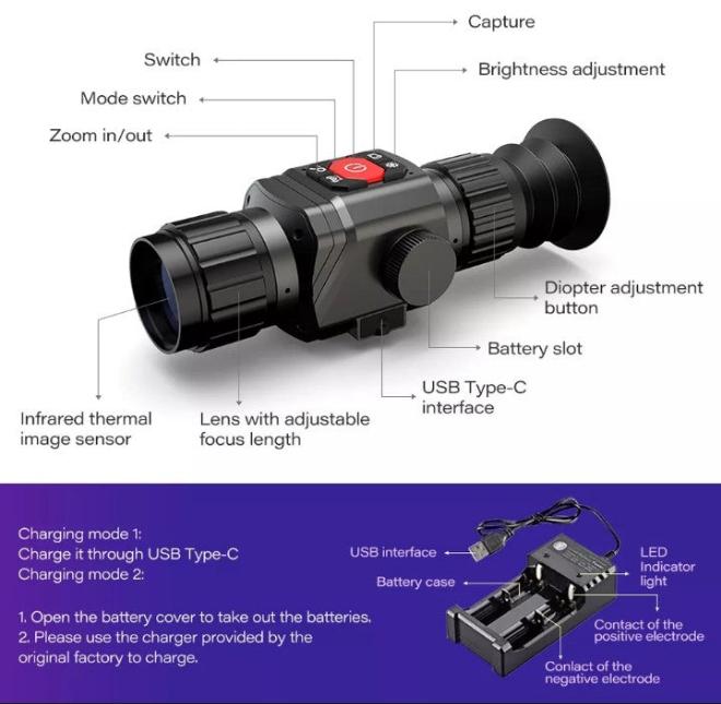 HT-C8 Thermal Imaging Rifle Scope, Monocular 25mm, 35mm, 54mm, 75mm